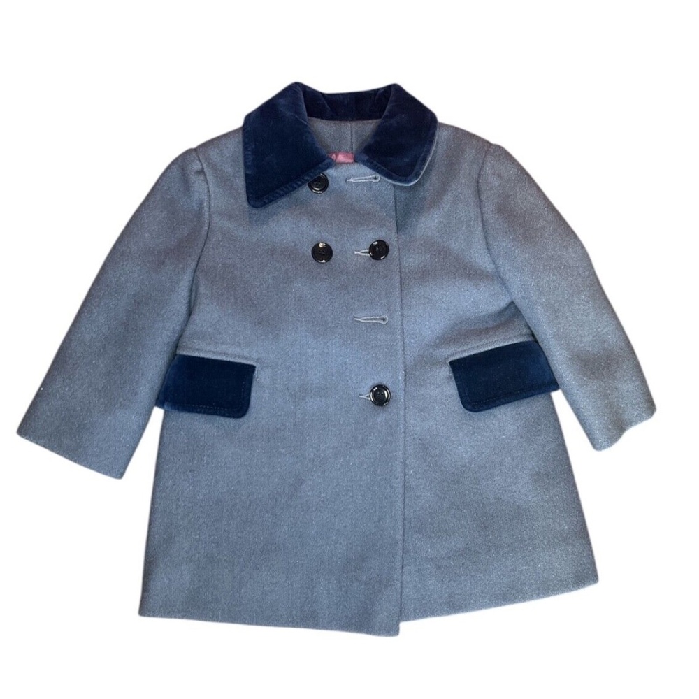 Vintage Kids Little Nugget Blue/Grey Wool & Velvet Trim Dress Coat
